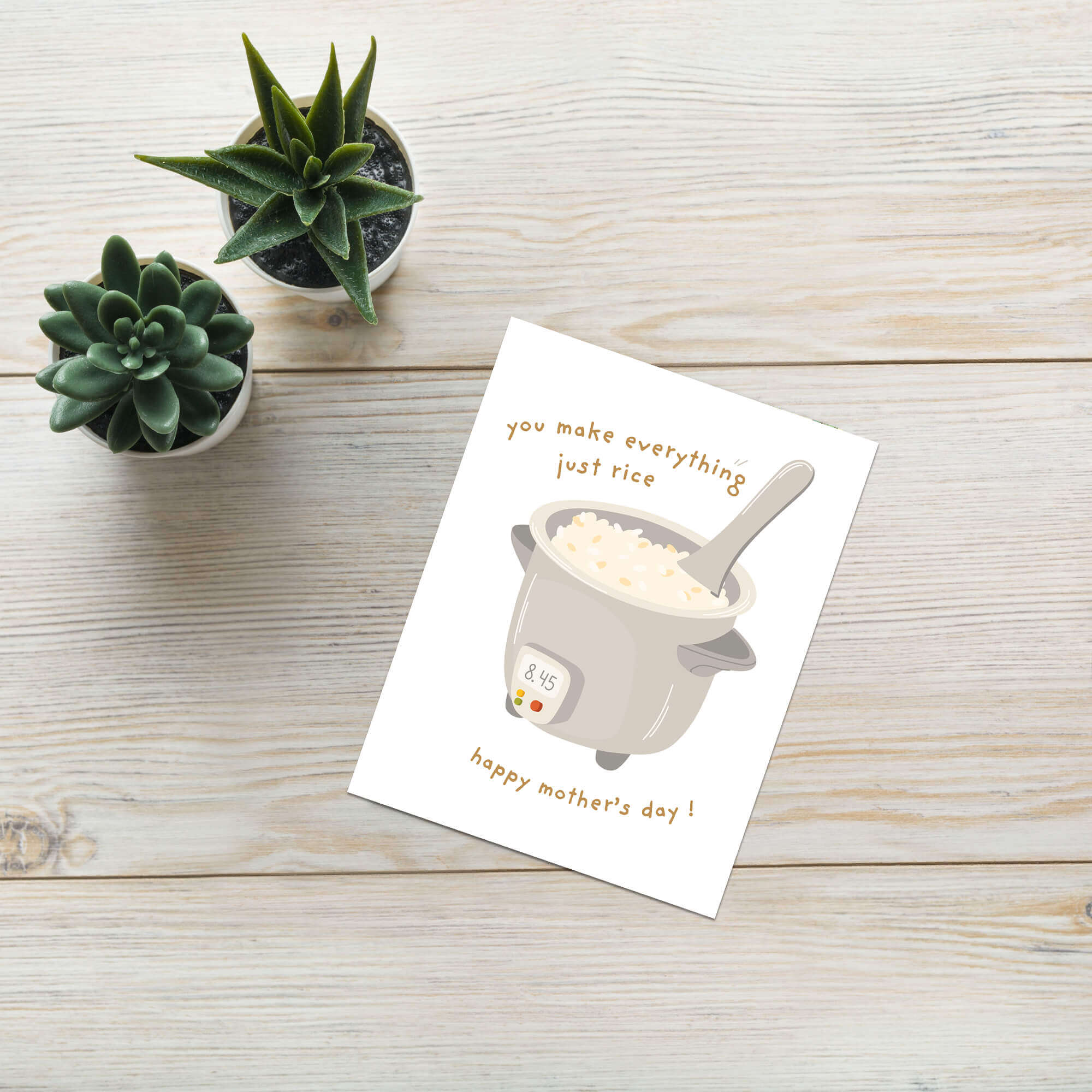 cute happy mothers day Card with a rice cooker illustration and funny food pun text on a white background