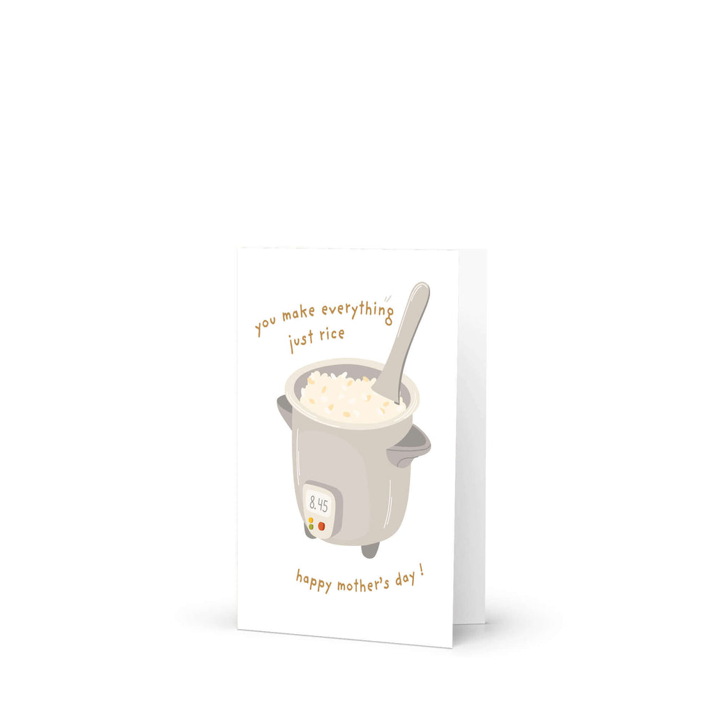 cute happy mothers day Card with a rice cooker illustration and funny food pun text on a white background