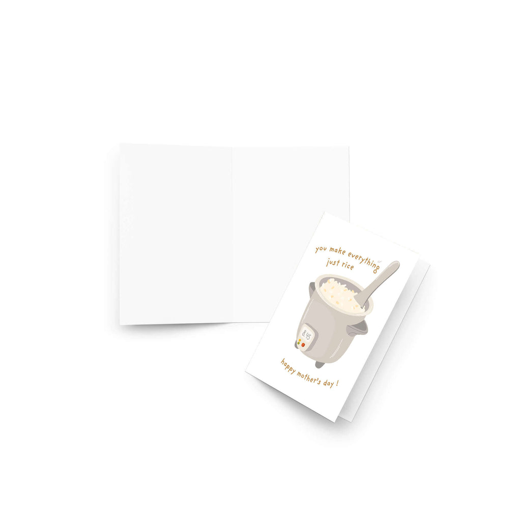 cute happy mothers day Card with a rice cooker illustration and funny food pun text on a white background