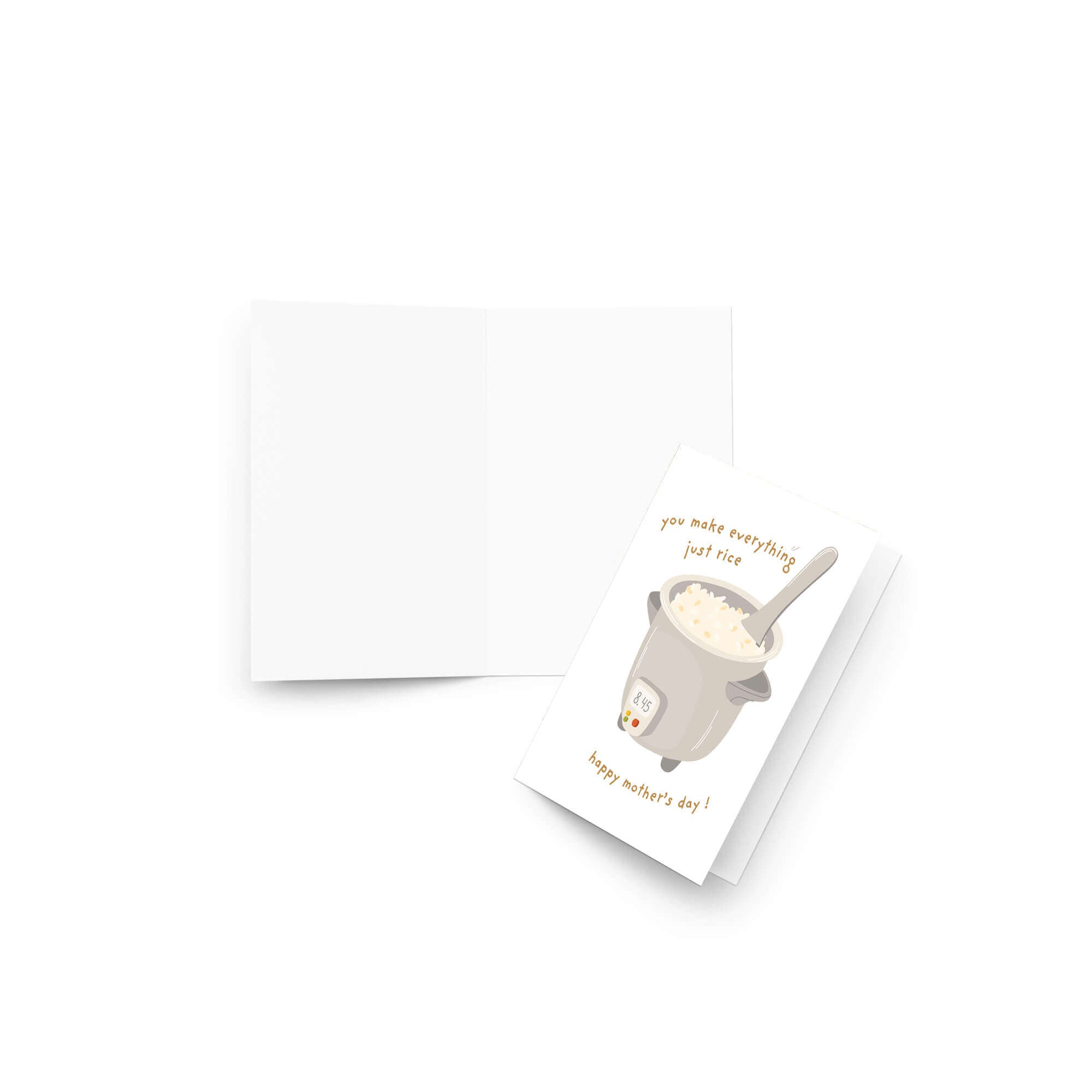 cute happy mothers day Card with a rice cooker illustration and funny food pun text on a white background