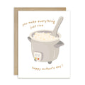 cute happy mothers day Card with a rice cooker illustration and funny food pun text on a white background