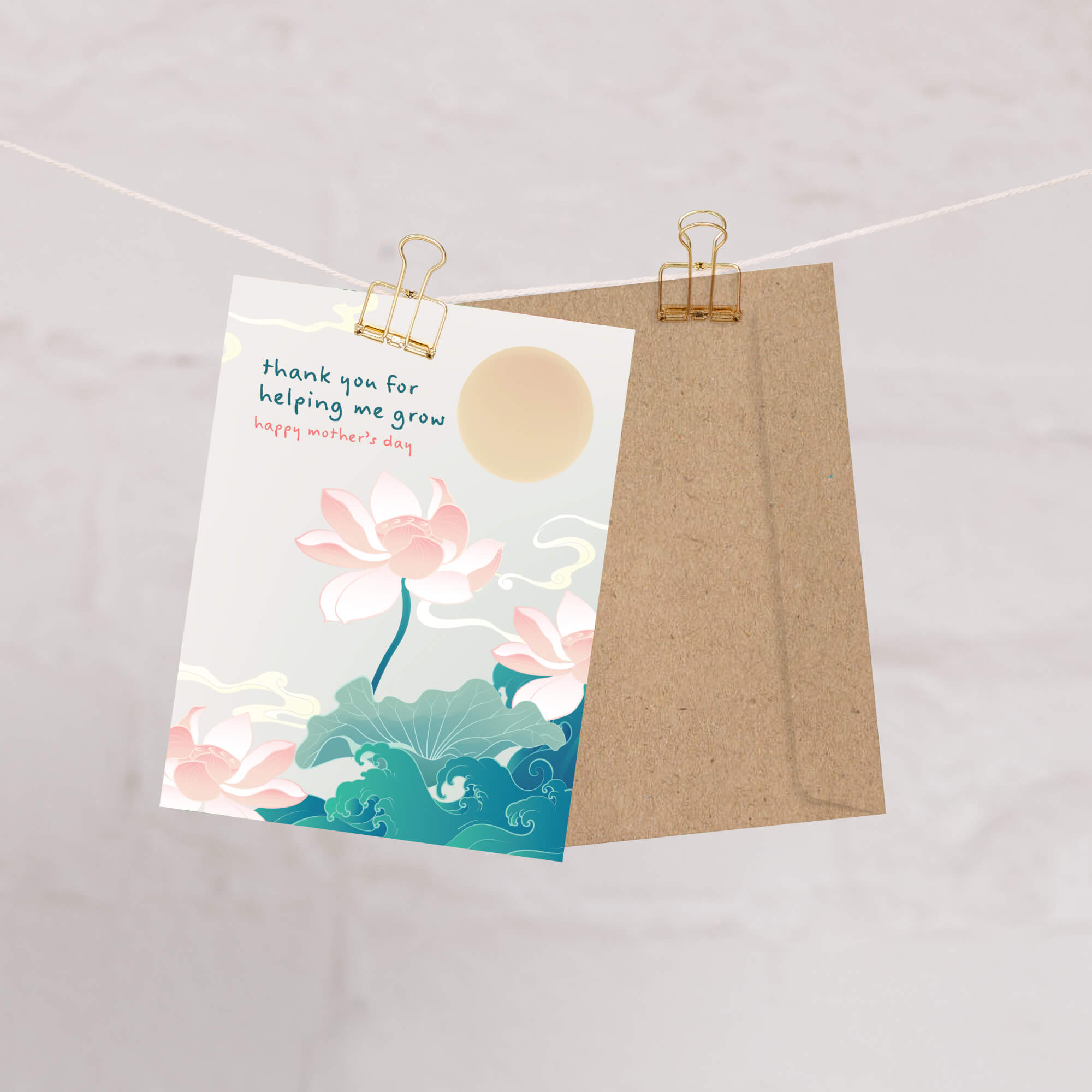 asian Greeting card with lotus flowers and 'thank you for helping me grow' text on a white background for happy mothers day card