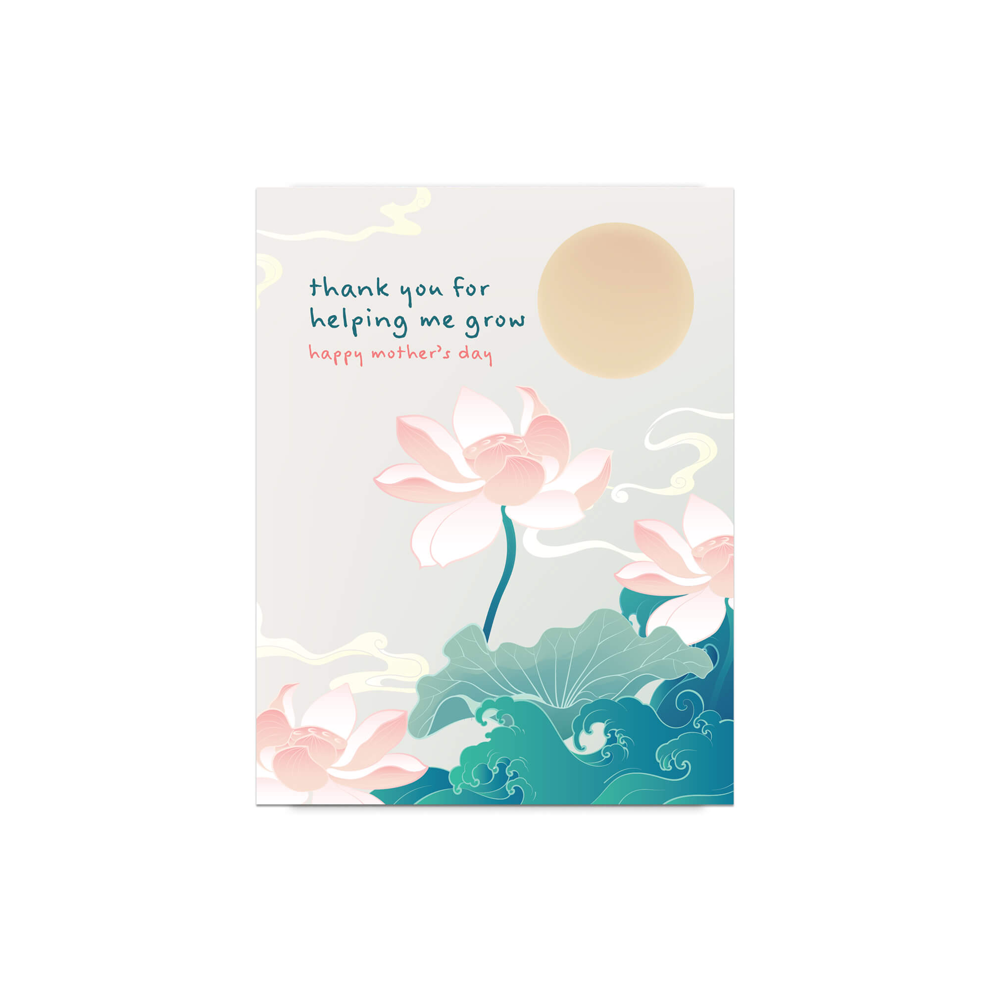 asian Greeting card with lotus flowers and 'thank you for helping me grow' text on a white background for happy mothers day card
