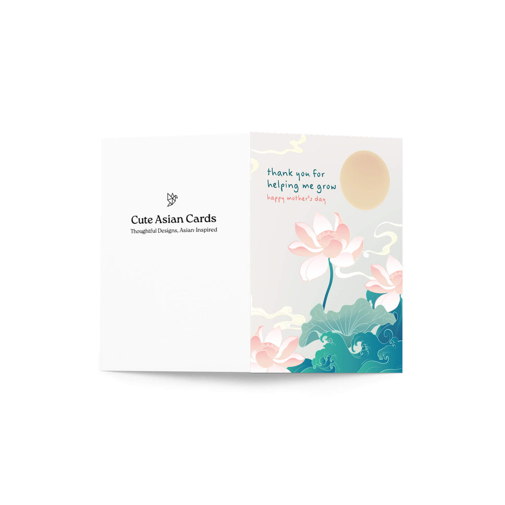 cute Greeting card with lotus flowers and 'thank you for helping me grow' text on a white background for happy mothers day card