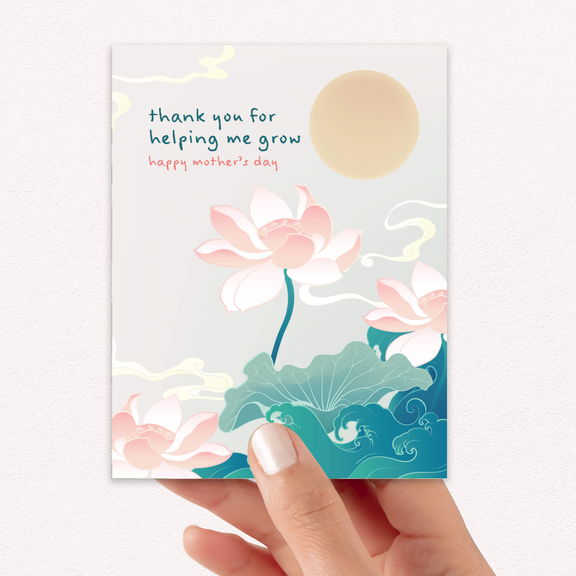 asian Card with chinese lotus floral design and 'thank you for helping me grow' text, held by a hand.