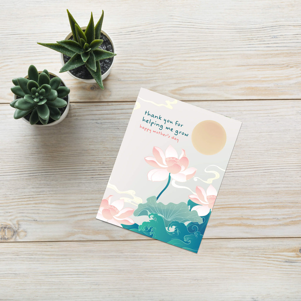 asian Greeting card with lotus flowers and 'thank you for helping me grow' text on a white background for happy mothers day card