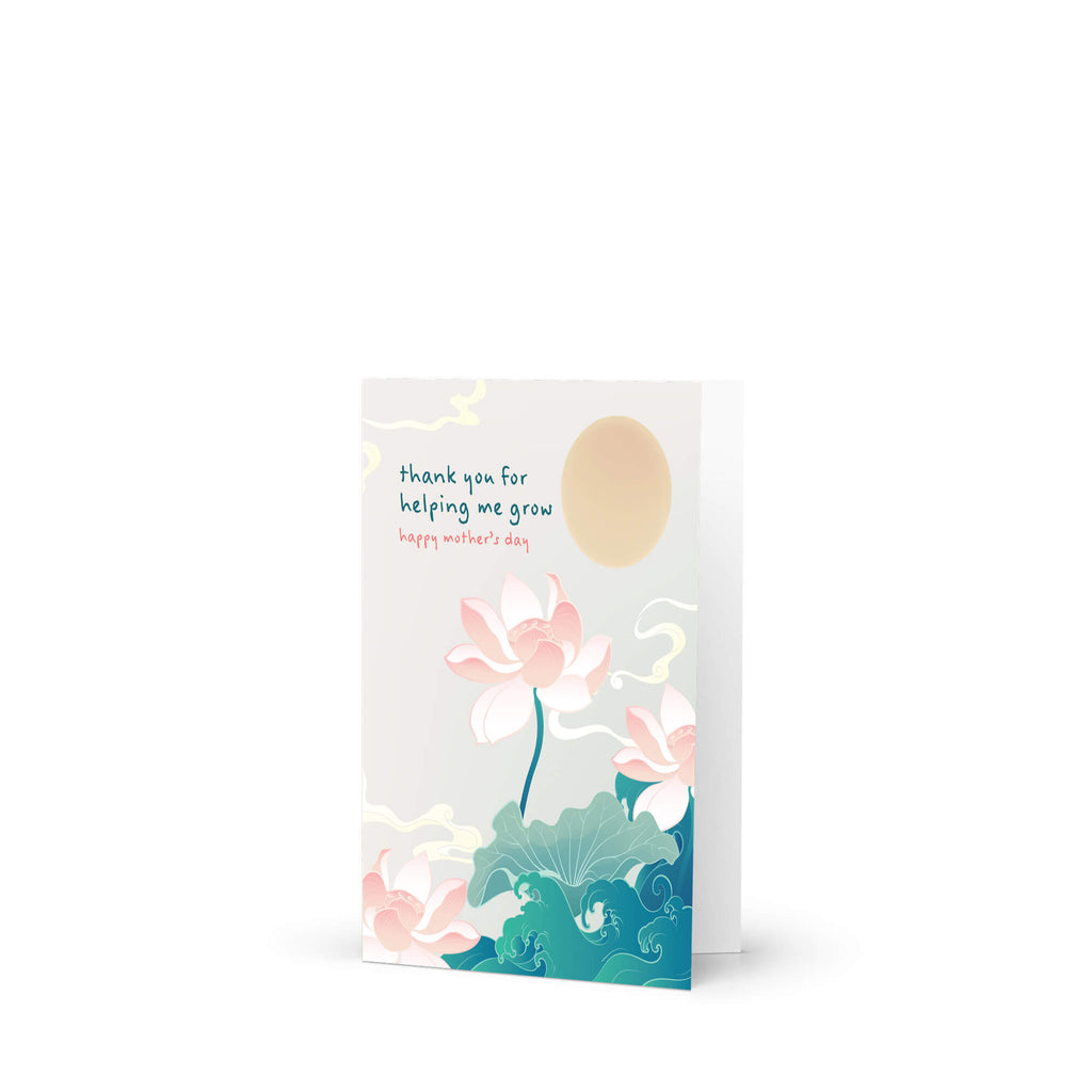 asian Greeting card with lotus flowers and 'thank you for helping me grow' text on a white background for happy mothers day card