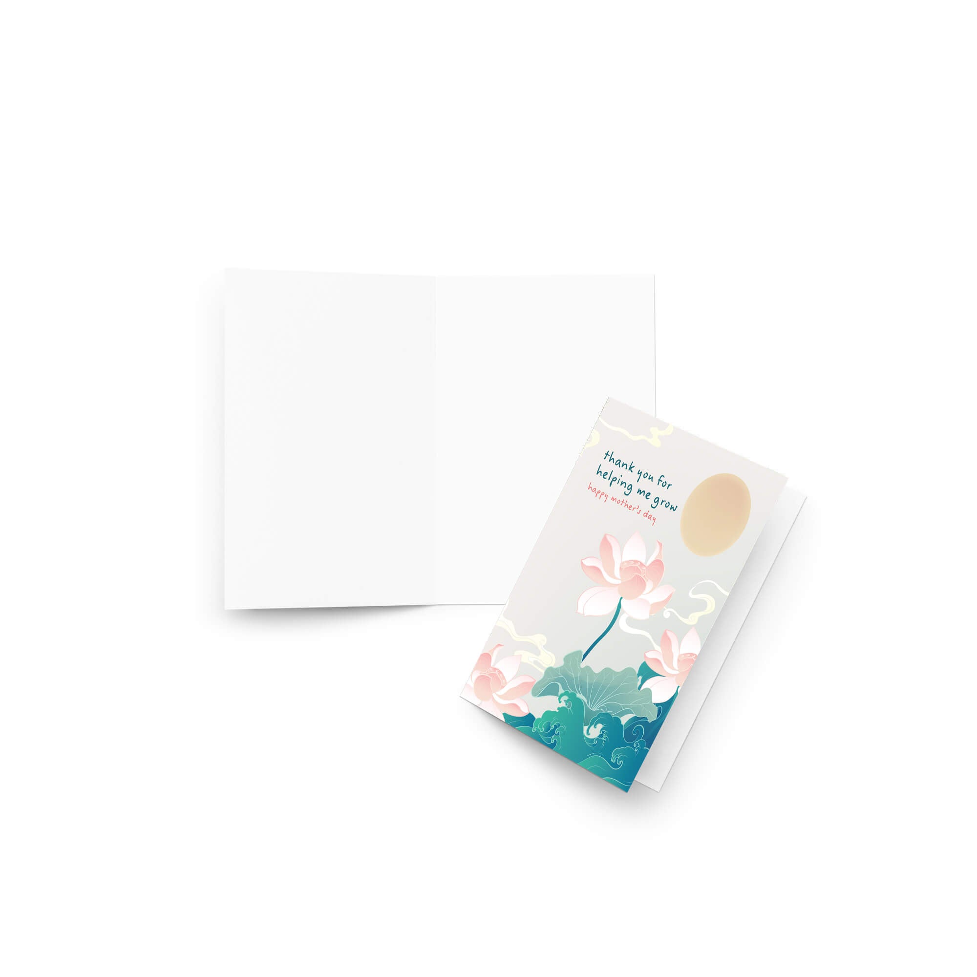 asian Greeting card with lotus flowers and 'thank you for helping me grow' text on a white background for happy mothers day card
