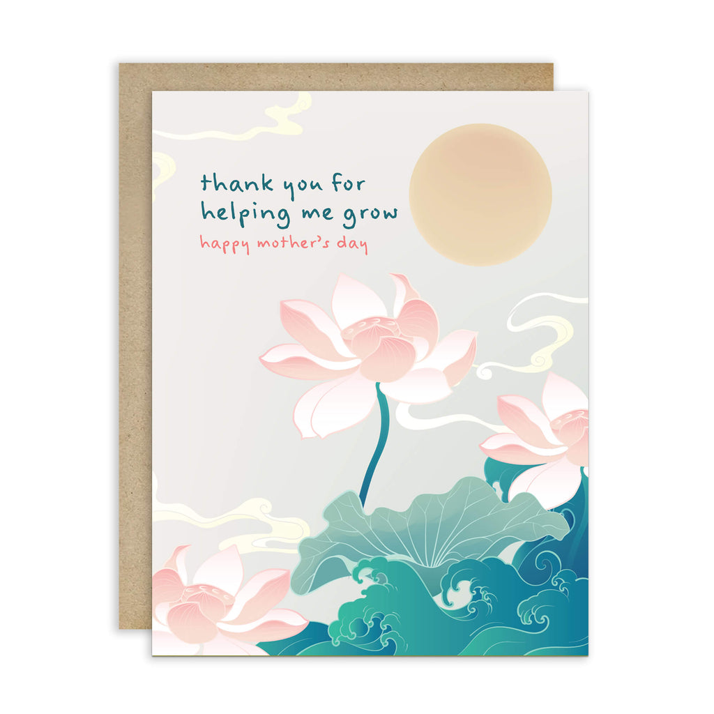 asian Greeting card with lotus flowers and 'thank you for helping me grow' text on a white background for happy mothers day card
