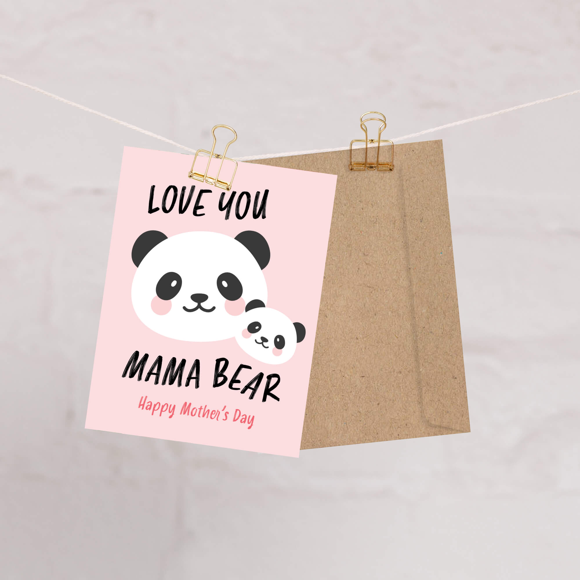 asian Greeting card with 2 chinese panda mom and cub and text 'Love you Mama Bear' on a pink background for mother's day card