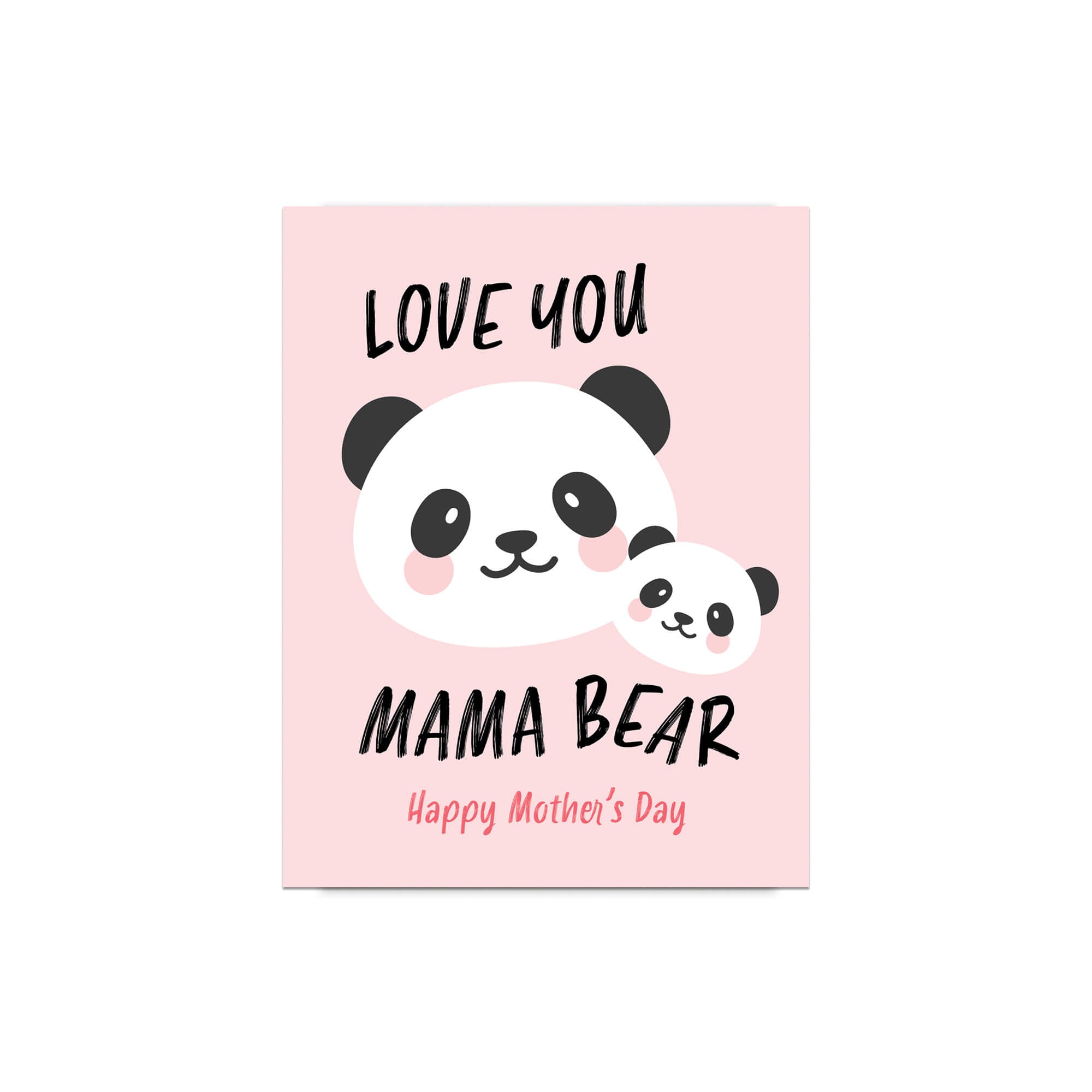 asian Greeting card with 2 chinese panda mom and cub and text 'Love you Mama Bear' on a pink background for mother's day card