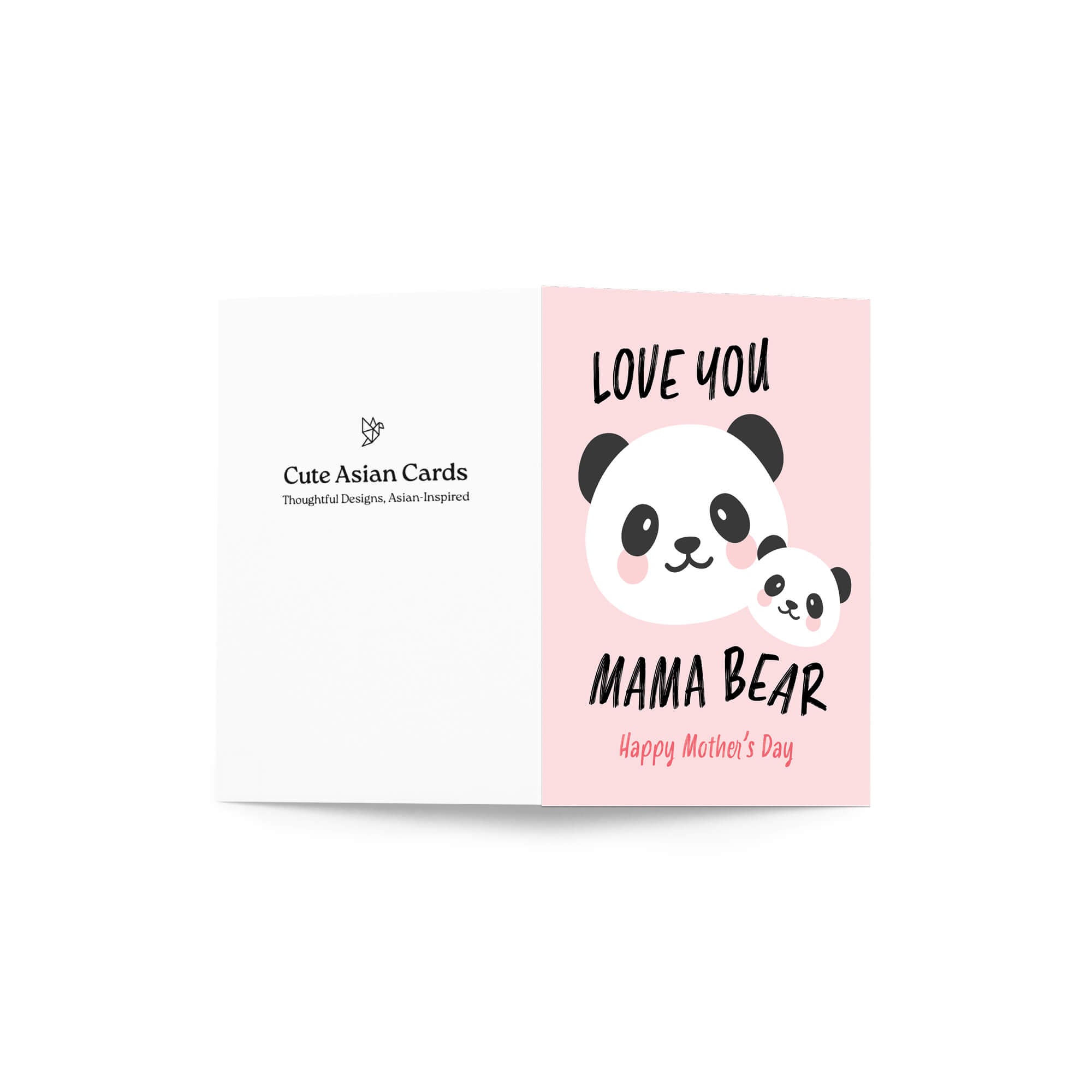 asian Greeting card with 2 chinese panda mom and cub and text 'Love you Mama Bear' on a pink background for mother's day card