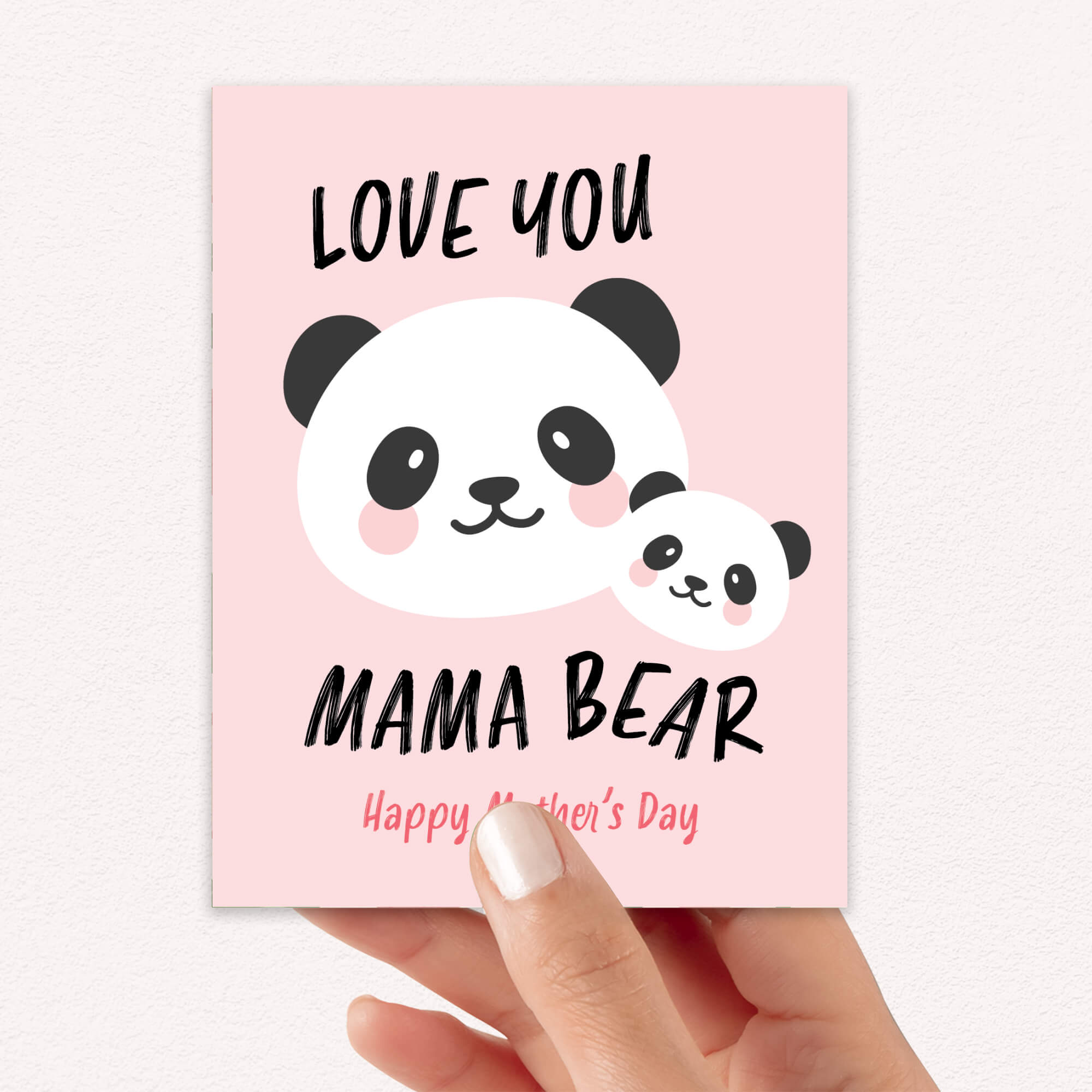 asian Greeting card with 2 chinese panda mom and cub and text 'Love you Mama Bear' on a pink background for mother's day card
