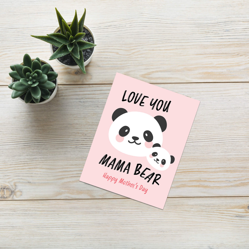asian Greeting card with 2 chinese panda mom and cub and text 'Love you Mama Bear' on a pink background for mother's day card