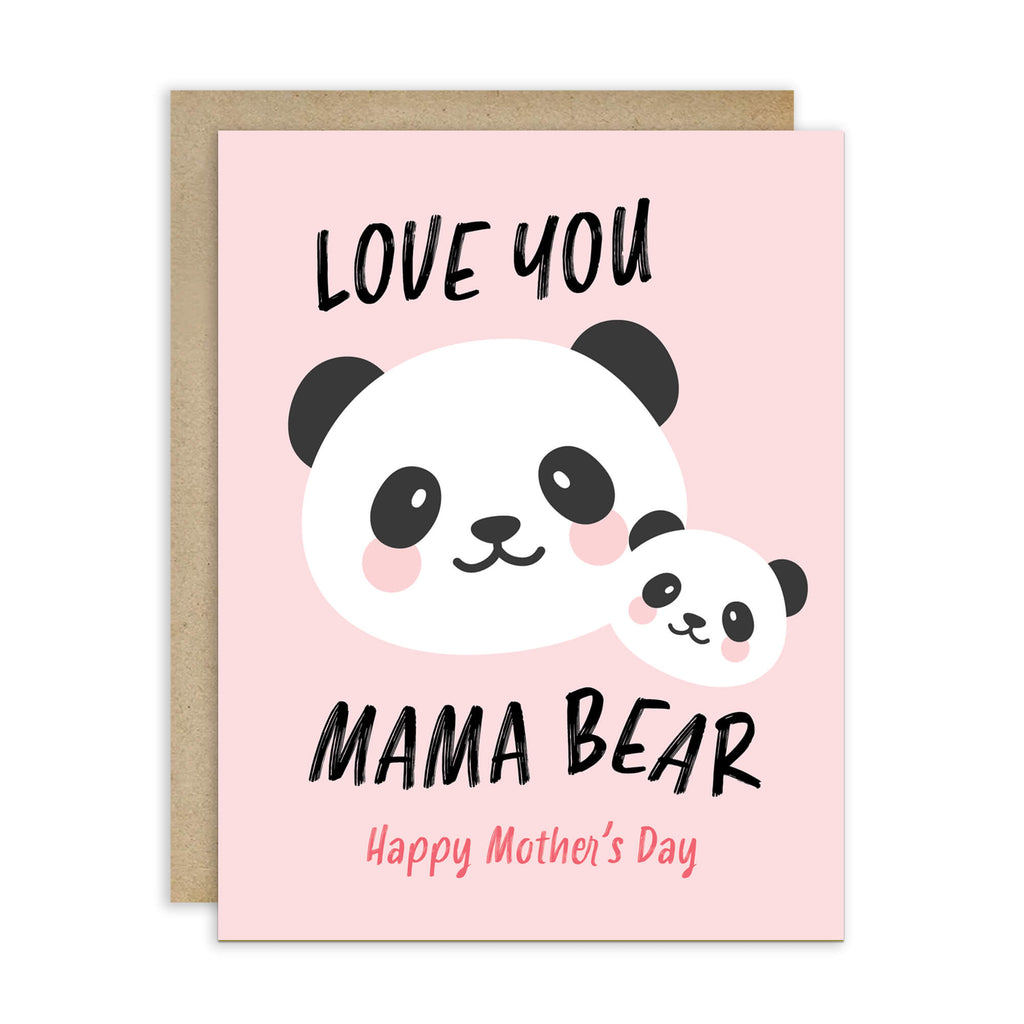 asian Greeting card with 2 chinese panda mom and cub and text 'Love you Mama Bear' on a pink background for mother's day card