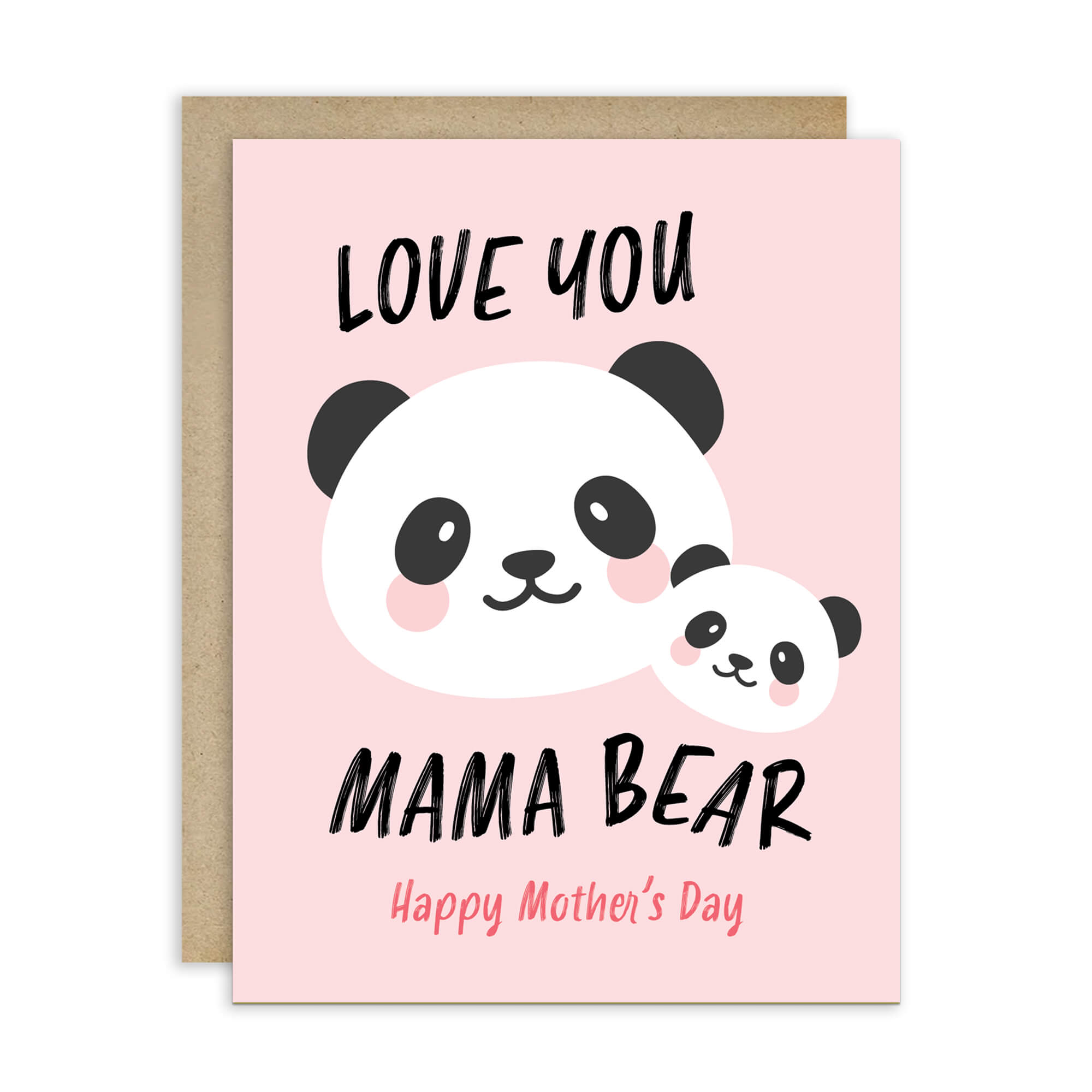 asian Greeting card with 2 chinese panda mom and cub and text 'Love you Mama Bear' on a pink background for mother's day card