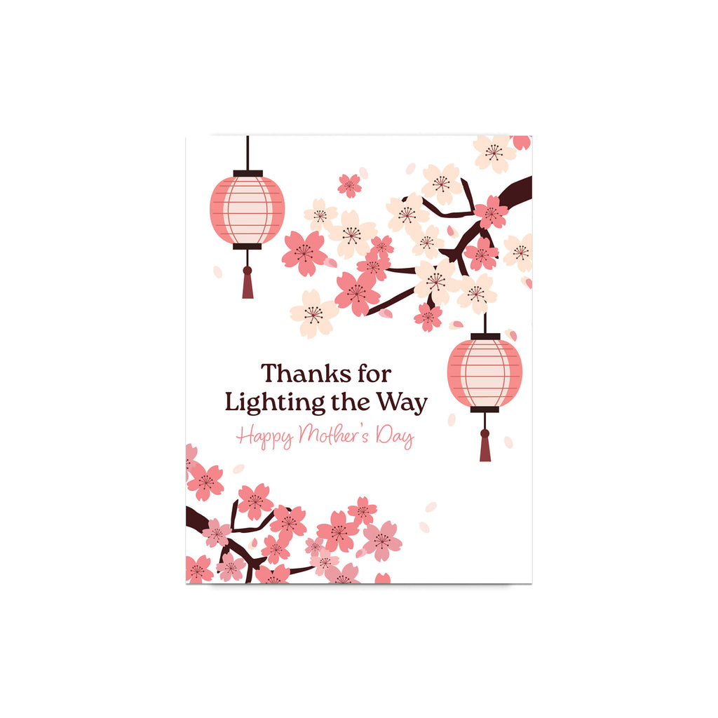 asian greeting card for mother's day with pink cherry blossom flowers and lanterns on a white background and text: thanks for lighting the way
