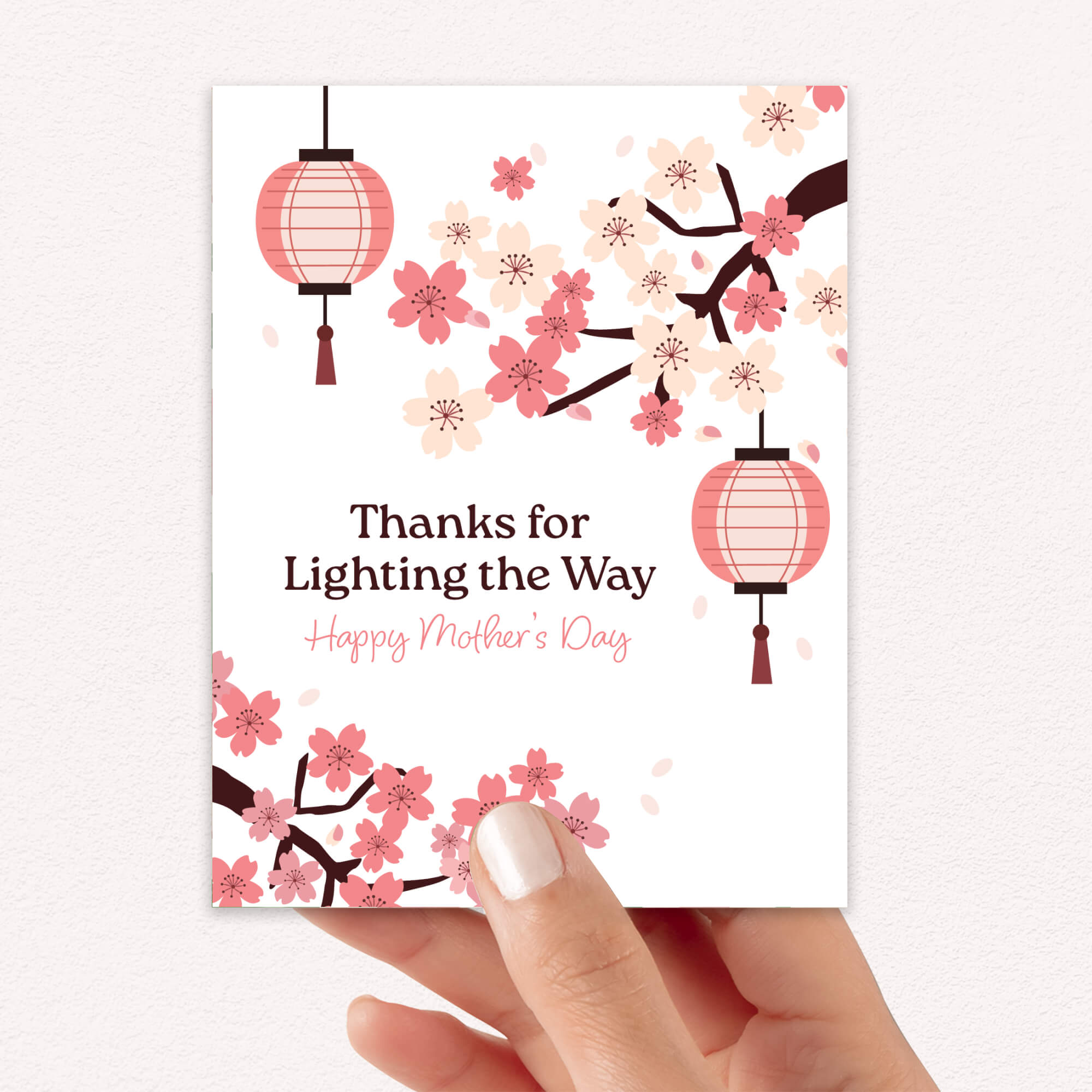 asian greeting card for mother's day with pink cherry blossom flowers and lanterns on a white background and text: thanks for lighting the way