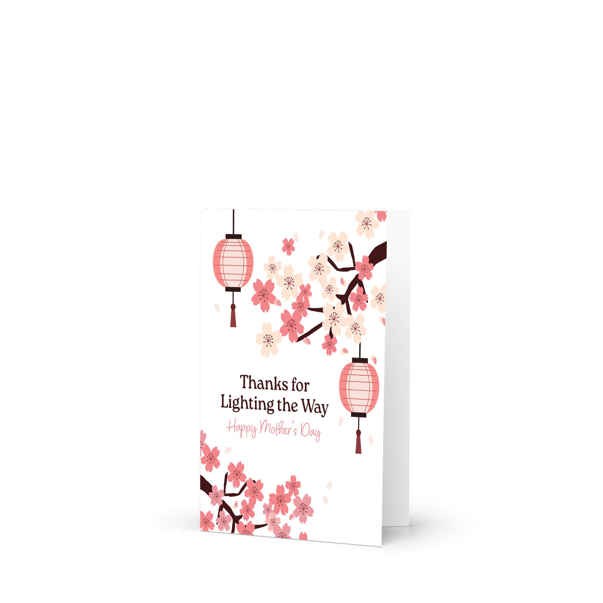 asian greeting card for mother's day with pink cherry blossom flowers and lanterns on a white background and text: thanks for lighting the way