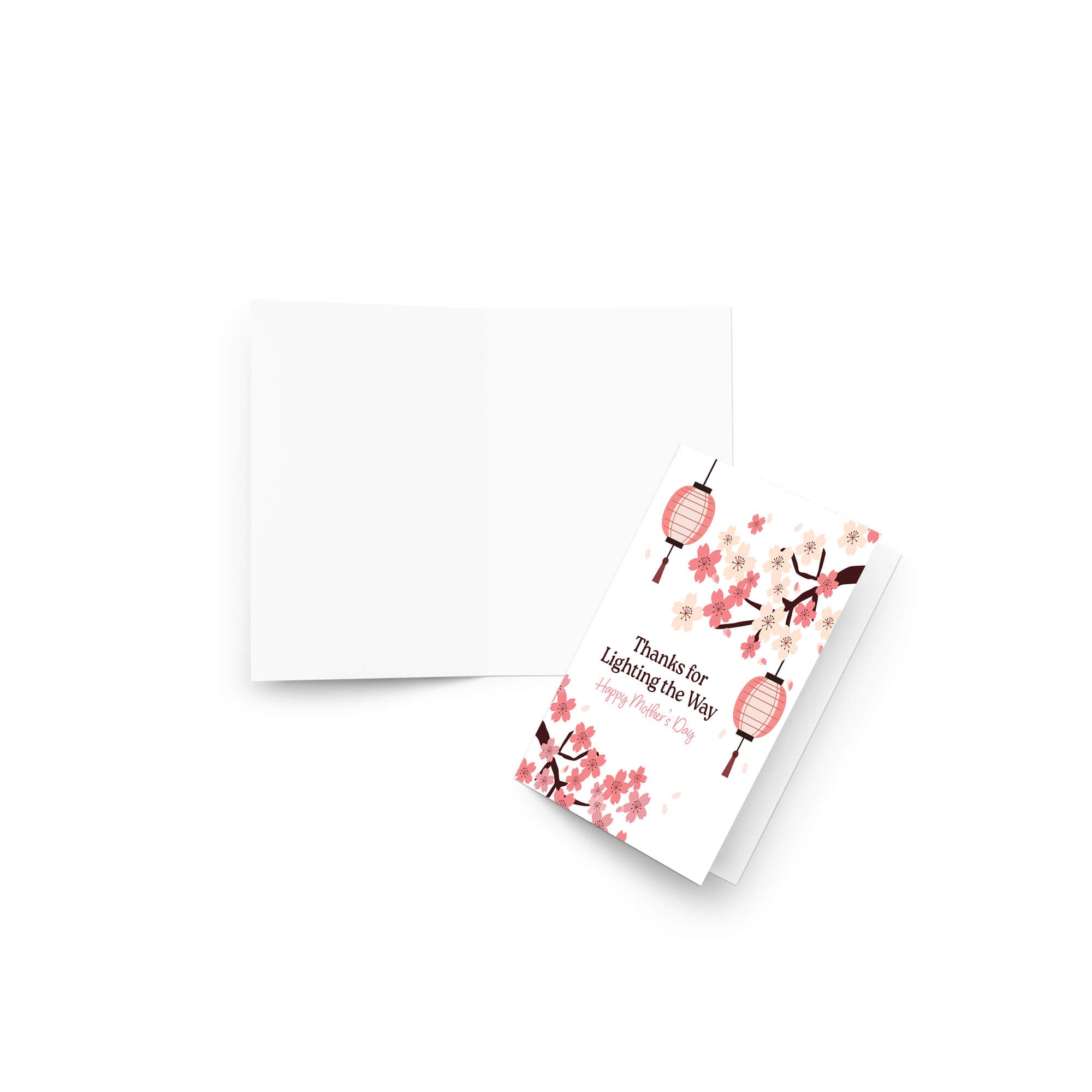 asian greeting card for mother's day with pink cherry blossom flowers and lanterns on a white background and text: thanks for lighting the way