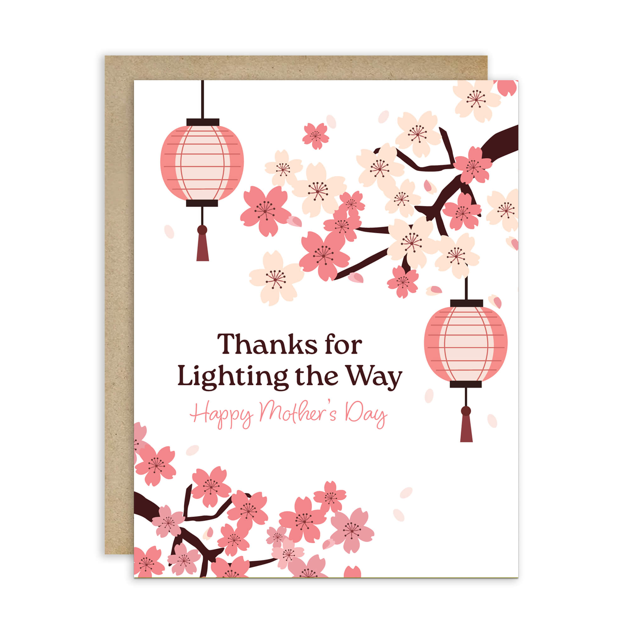 asian greeting card for mother's day with pink cherry blossoms and lanterns on a white background and text: thanks for lighting the way