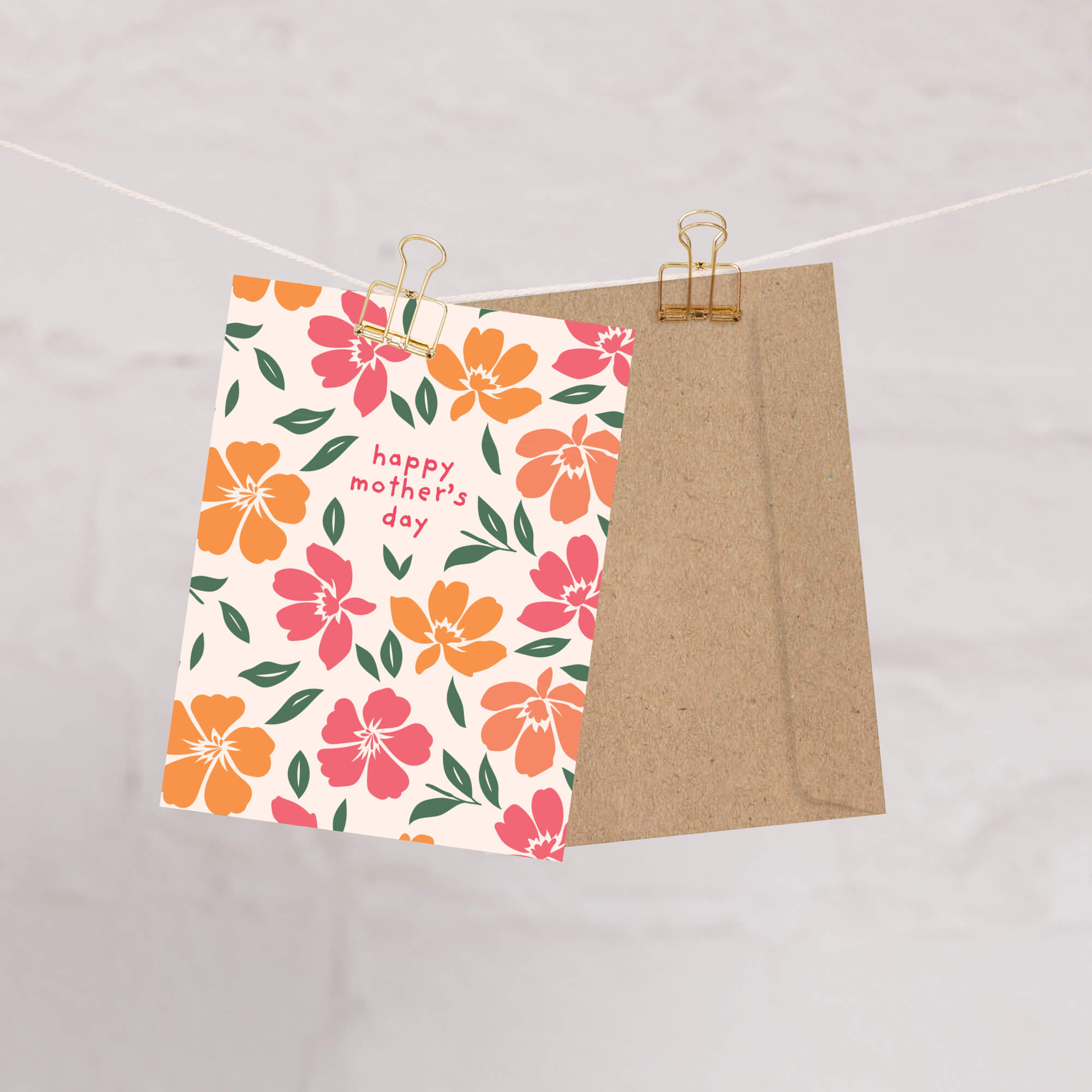 asian Greeting card with hibiscus flowers and 'happy mother's day' text on a white background