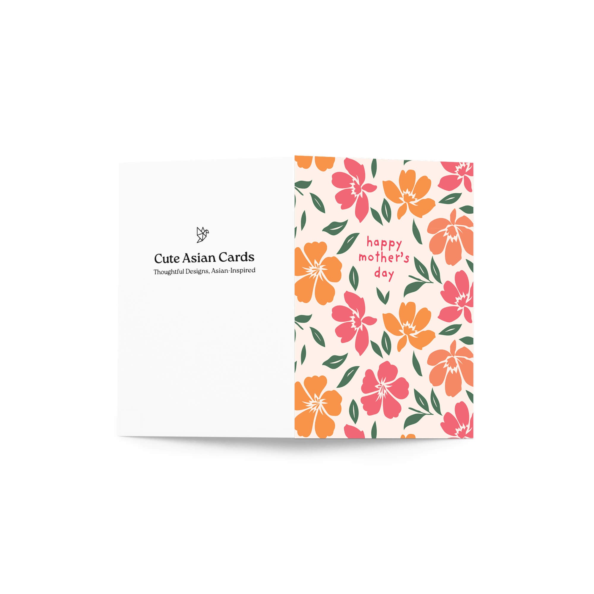 asian Greeting card with hibiscus flowers and 'happy mother's day' text on a white background