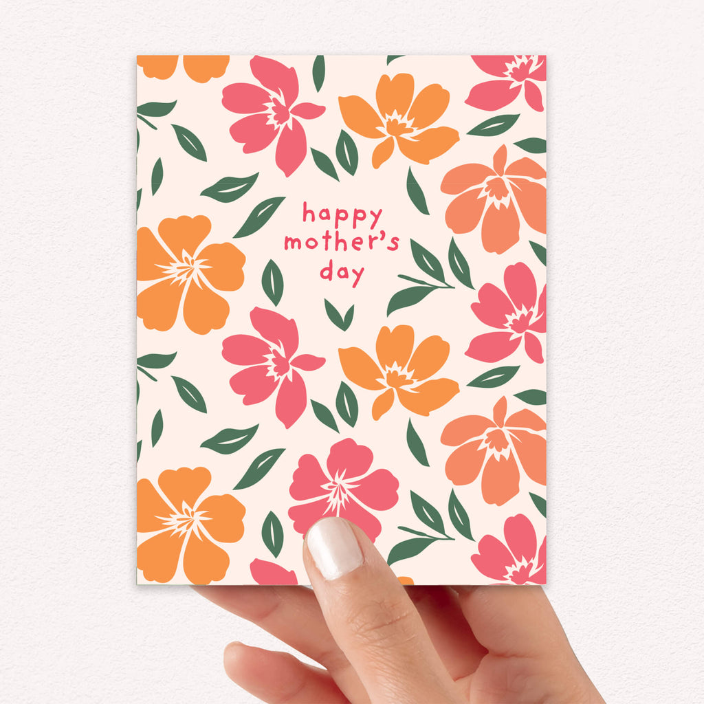 asian Greeting card with hibiscus flowers and 'happy mother's day' text on a white background