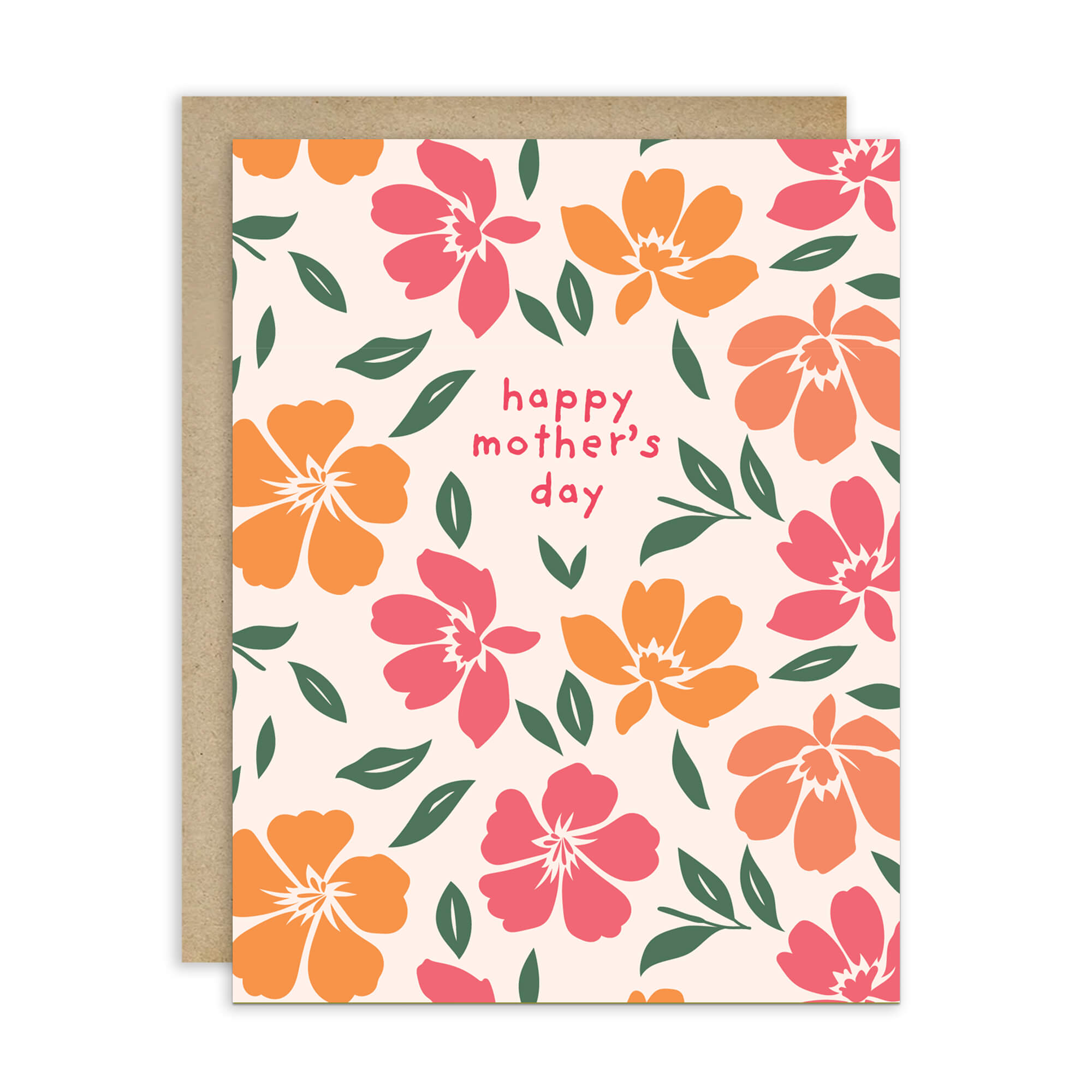 asian Greeting card with hibiscus flowers and 'happy mother's day' text on a white background