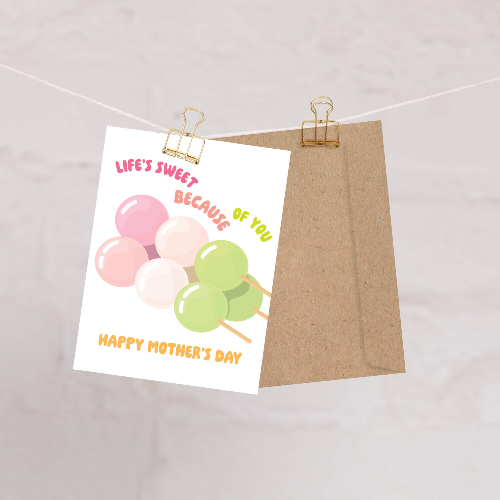 asian Greeting card with japanese dango rice ball dessert food and 'Happy Mother's Day' text on a white background
