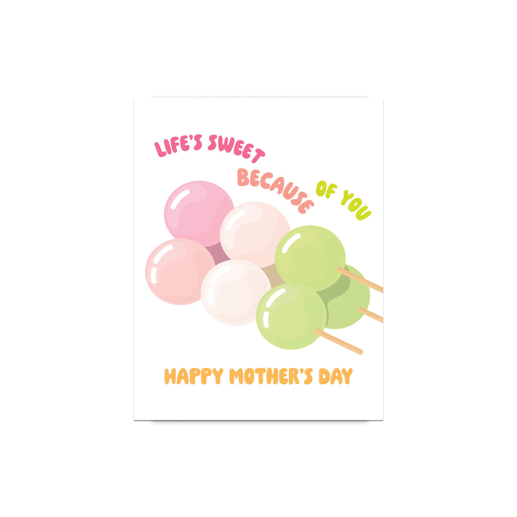 asian Greeting card with japanese dango rice ball dessert food and 'Happy Mother's Day' text on a white background