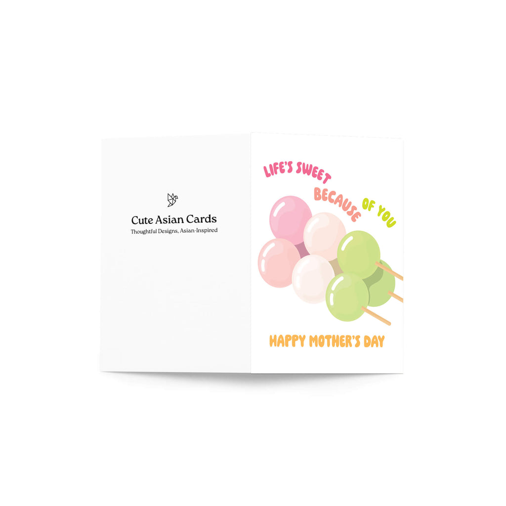 asian Greeting card with japanese dango rice ball dessert food and 'Happy Mother's Day' text on a white background