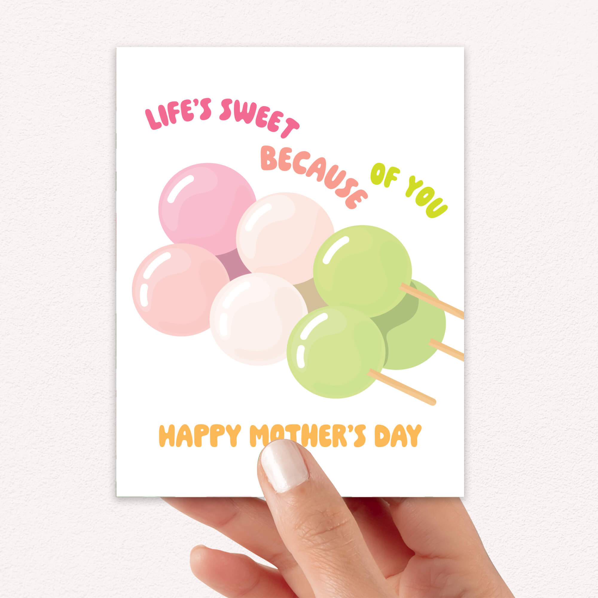 asian Greeting card with japanese dango rice ball dessert food and 'Happy Mother's Day' text on a white background