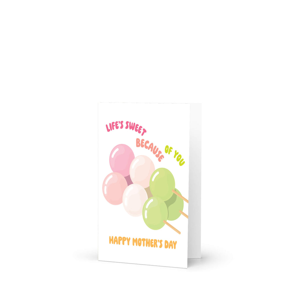 asian Greeting card with japanese dango rice ball dessert food and 'Happy Mother's Day' text on a white background