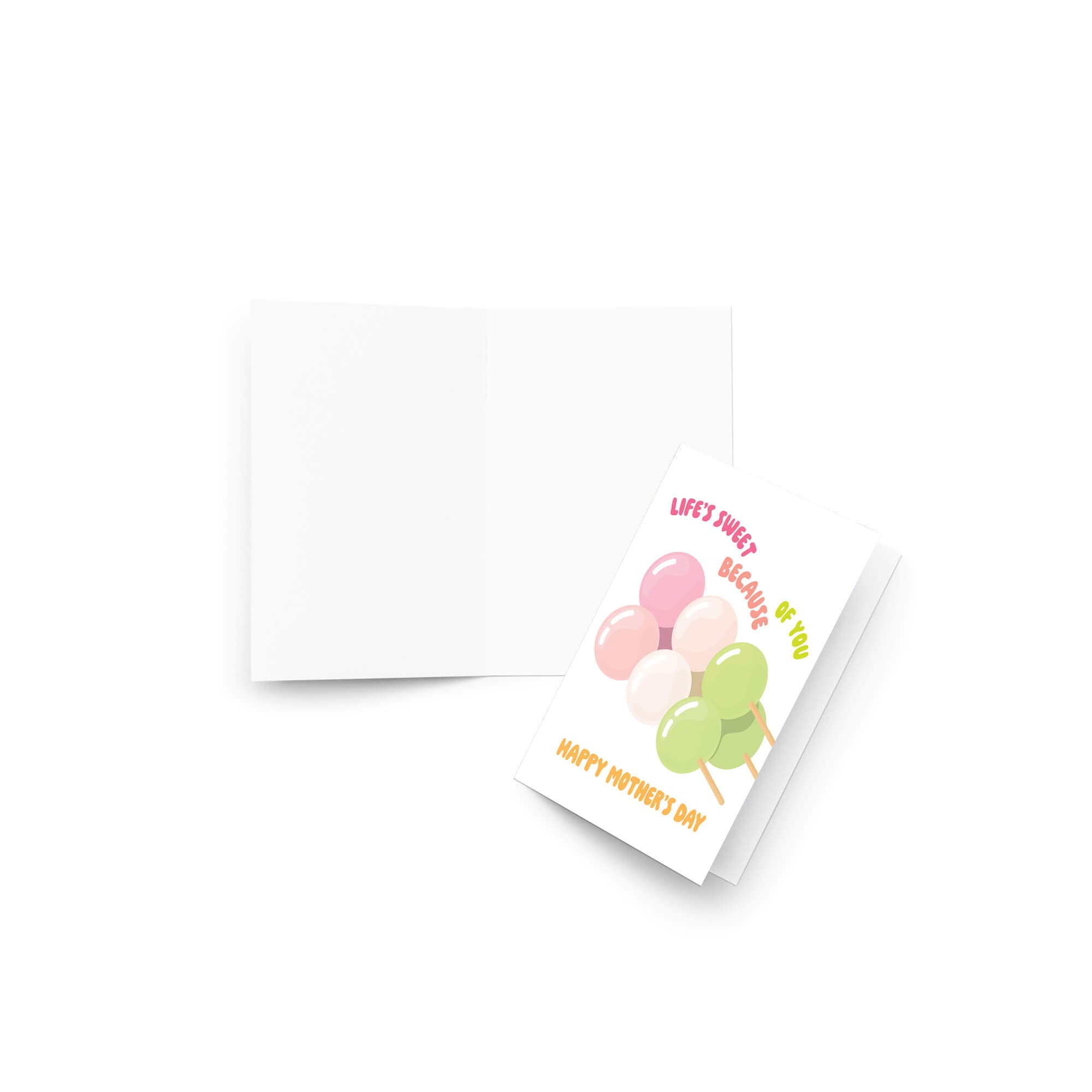 asian Greeting card with japanese dango rice ball dessert food and 'Happy Mother's Day' text on a white background