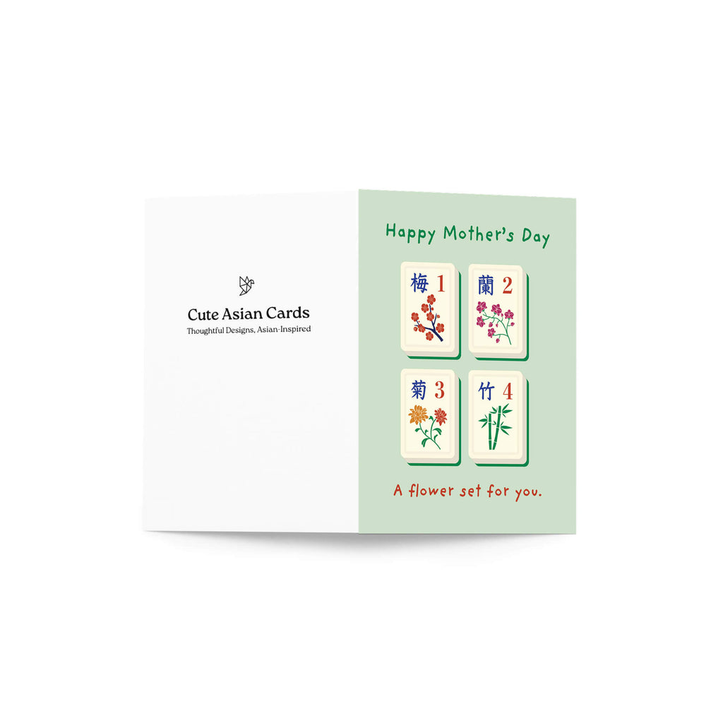 happy Mother's Day card with Mahjong tiles and floral designs on a light green background