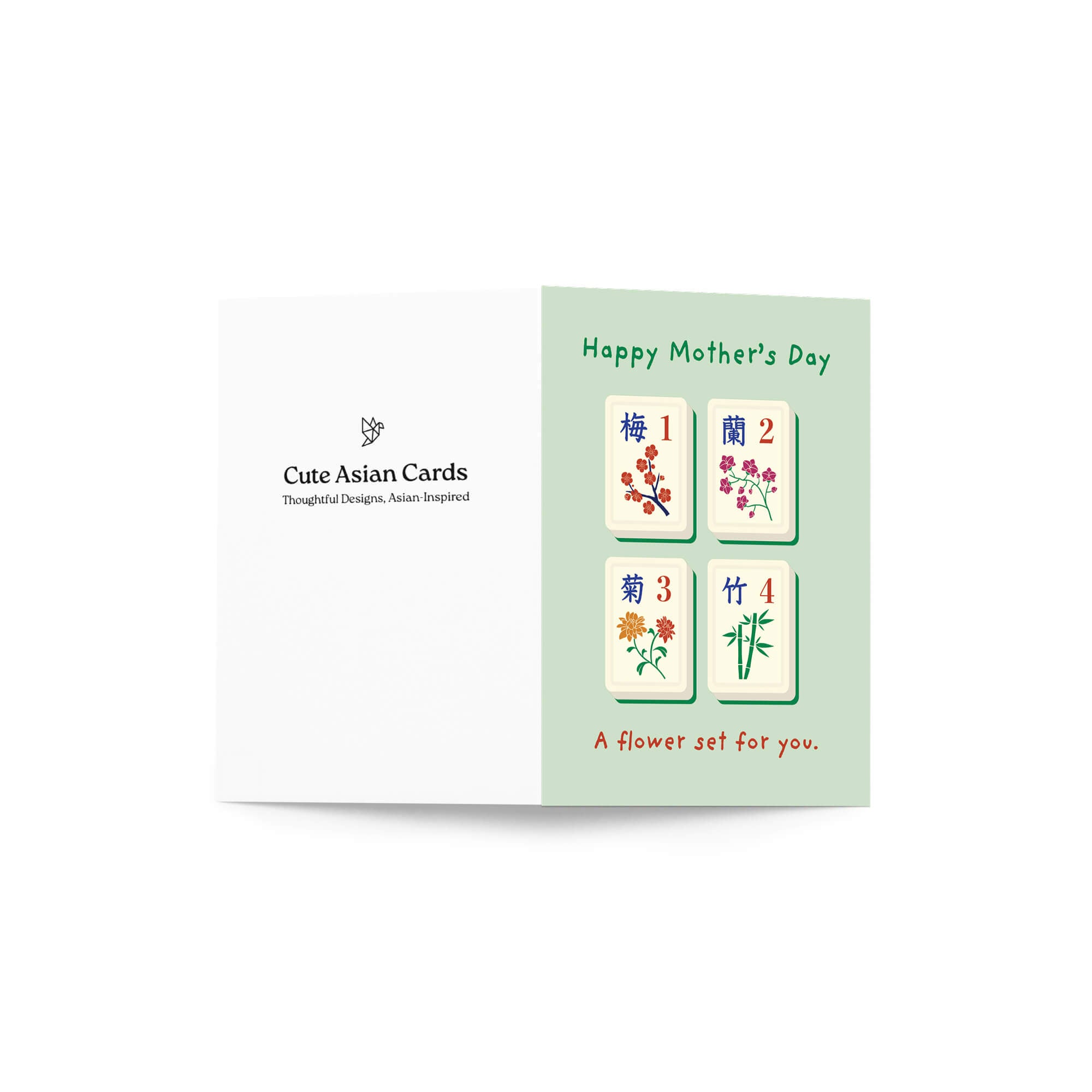 happy Mother's Day card with Mahjong tiles and floral designs on a light green background