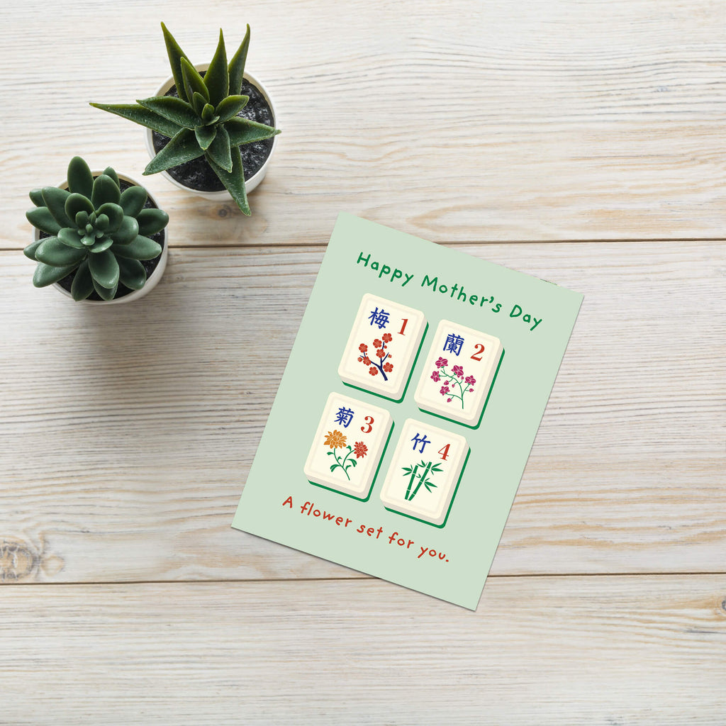 happy Mother's Day card with Mahjong tiles and floral designs on a light green background
