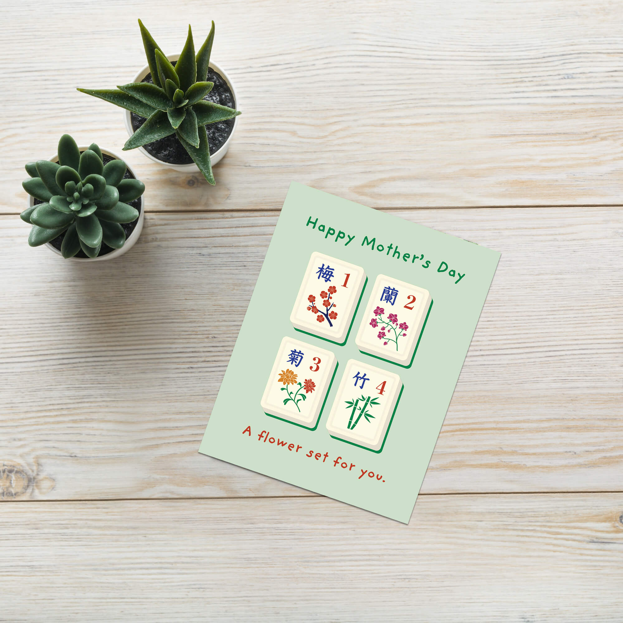 happy Mother's Day card with Mahjong tiles and floral designs on a light green background