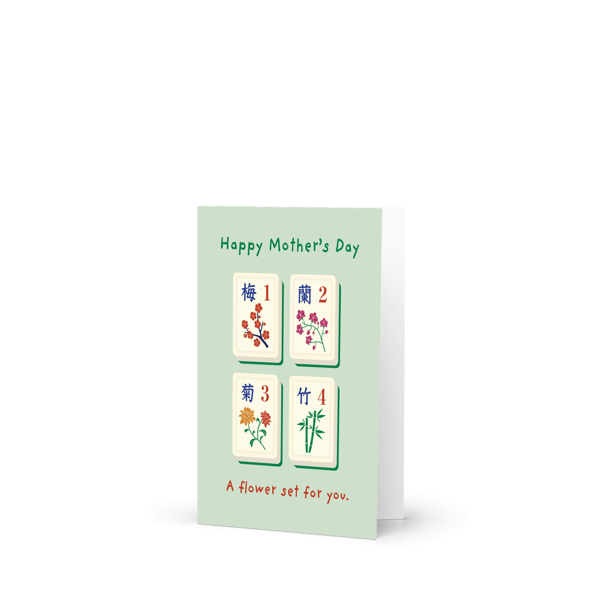 happy Mother's Day card with Mahjong tiles and floral designs on a light green background