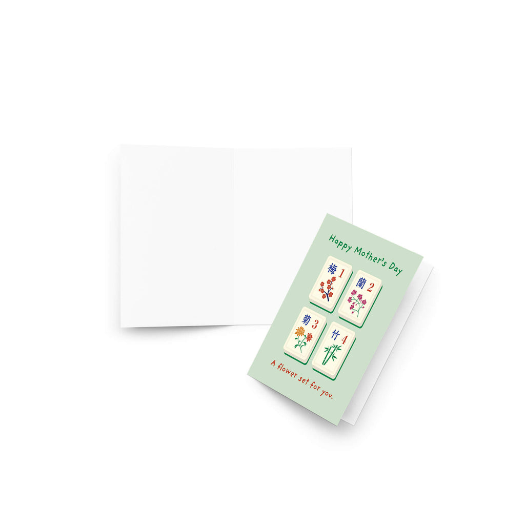 happy Mother's Day card with Mahjong tiles and floral designs on a light green background