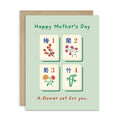 happy Mother's Day card with Mahjong tiles and floral designs on a light green background