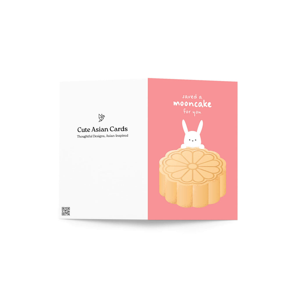 chinese greeting Card with a mooncake and rabbit illustration on a pink background, featuring the brand 'Cute Asian Cards' for mid autumn festival