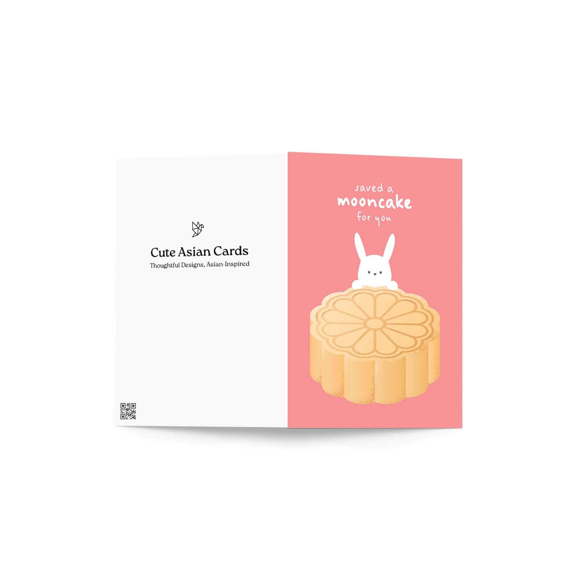 chinese greeting Card with a mooncake and rabbit illustration on a pink background, featuring the brand 'Cute Asian Cards' for mid autumn festival