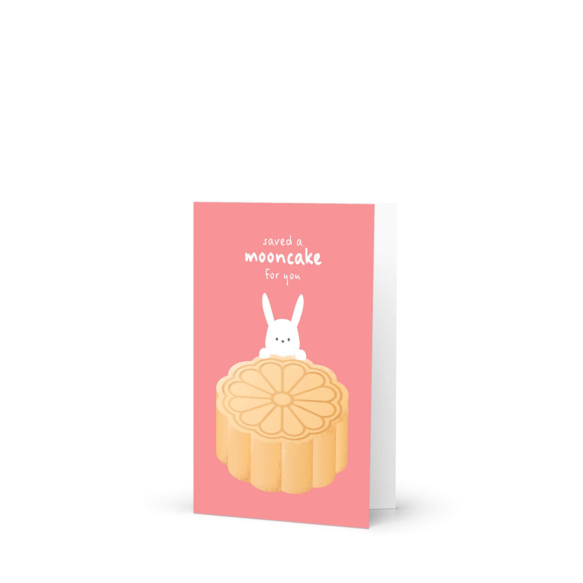 chinese greeting Card with a mooncake and rabbit illustration on a pink background, featuring the brand 'Cute Asian Cards' for mid autumn festival