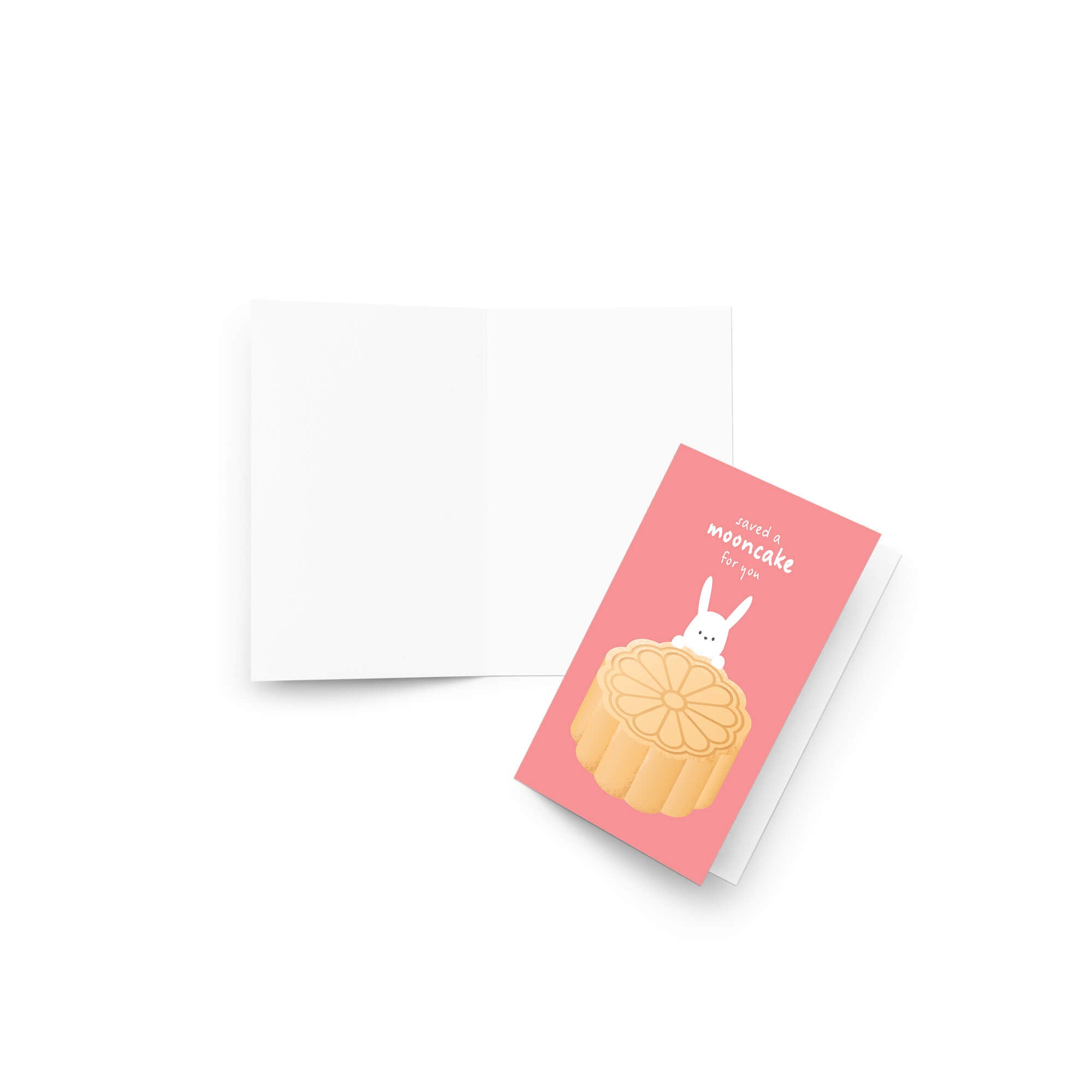 chinese greeting Card with a mooncake and rabbit illustration on a pink background, featuring the brand 'Cute Asian Cards' for mid autumn festival