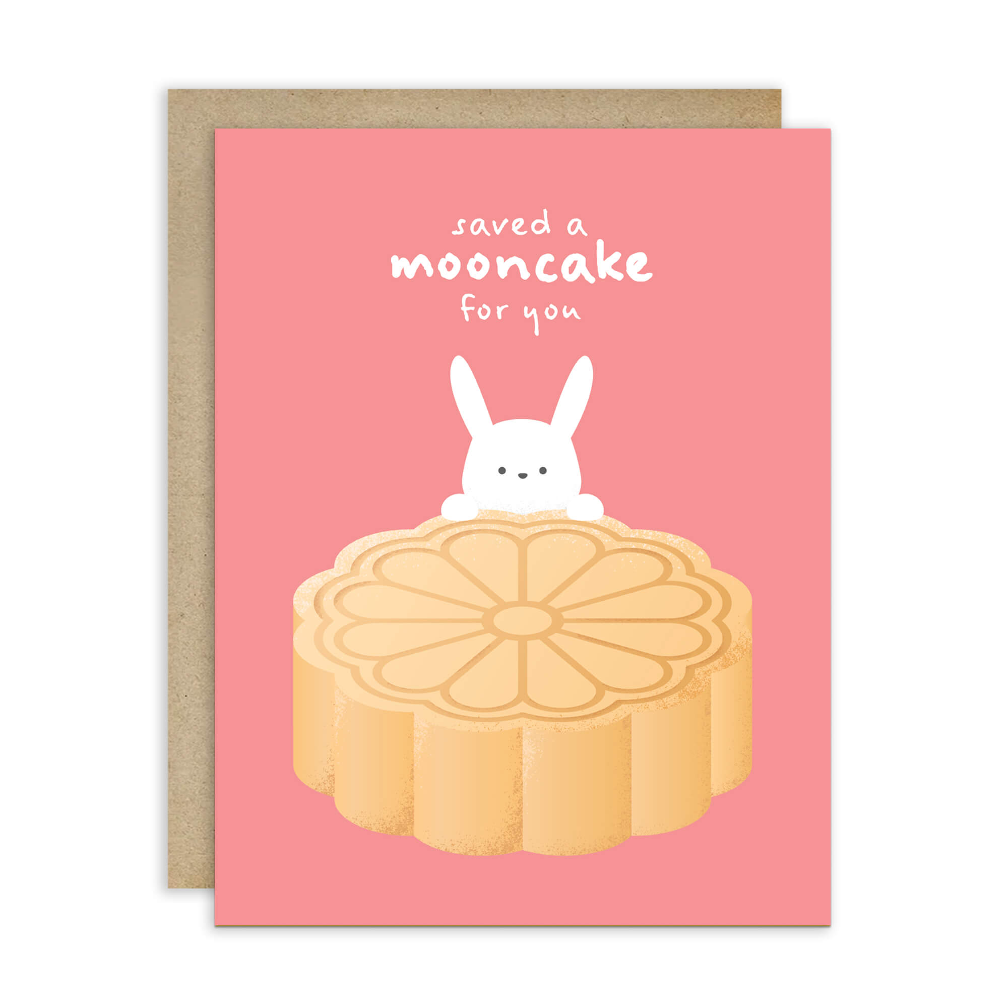 Greeting card with a mooncake and rabbit illustration on a pink background