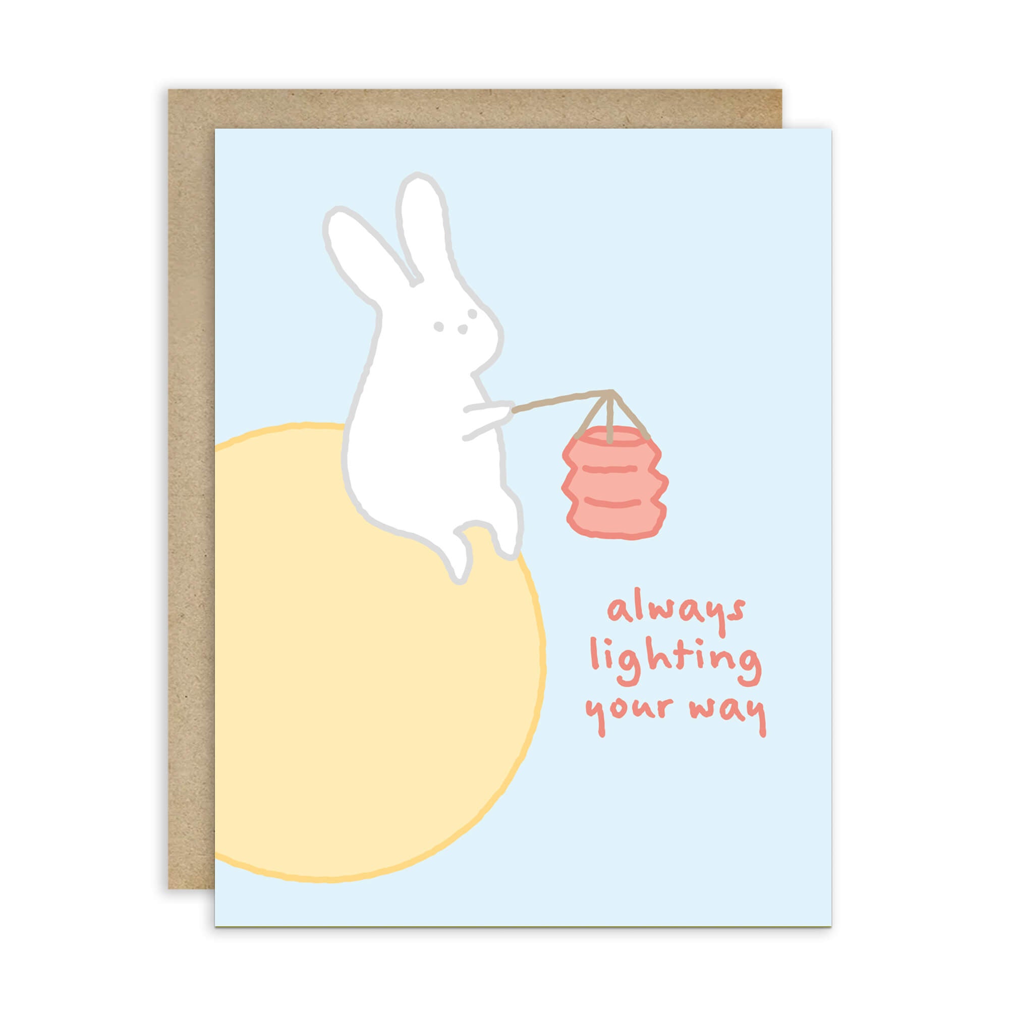 asian inspired Greeting card with a rabbit holding a lantern and text 'always lighting your way' on a light blue background. for mid autumn festival