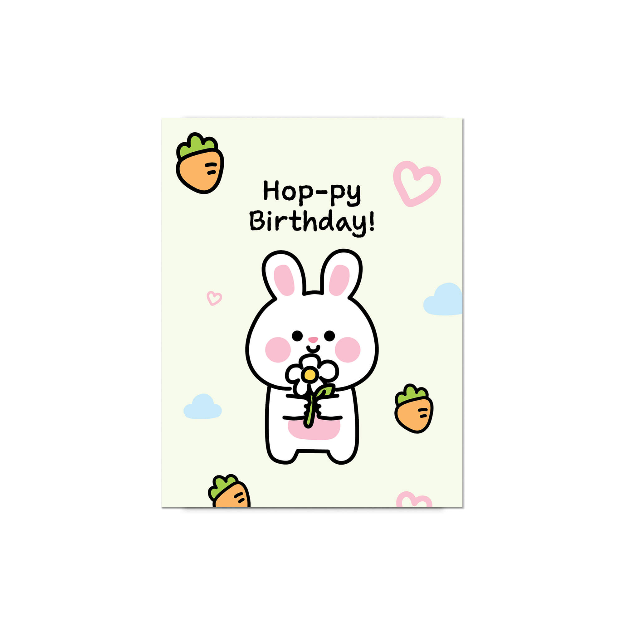 Birthday card with a cartoon rabbit holding a flower, surrounded by carrots and clouds on a light green background.