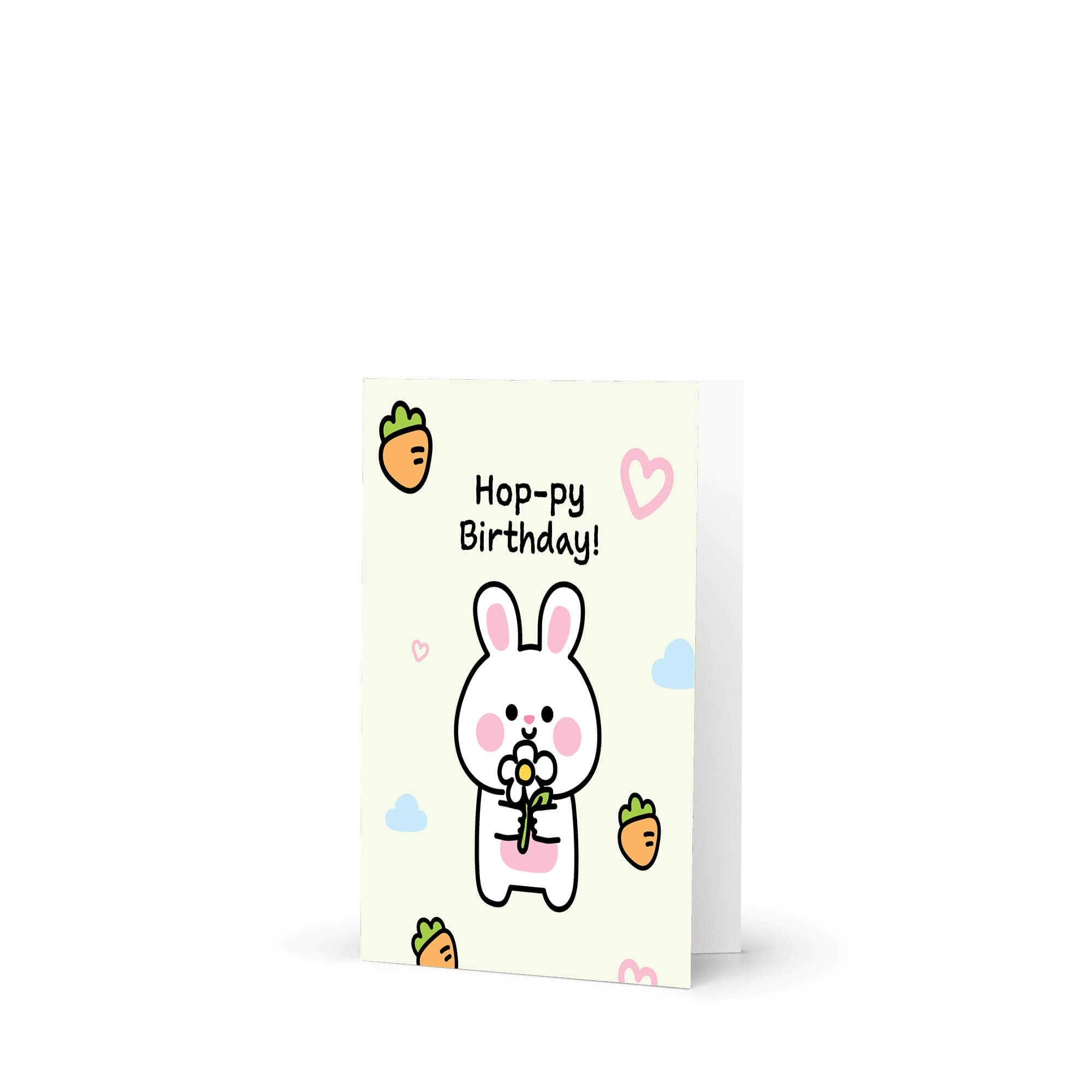 Greeting card with a cartoon rabbit and 'Happy Birthday!' text on a white background